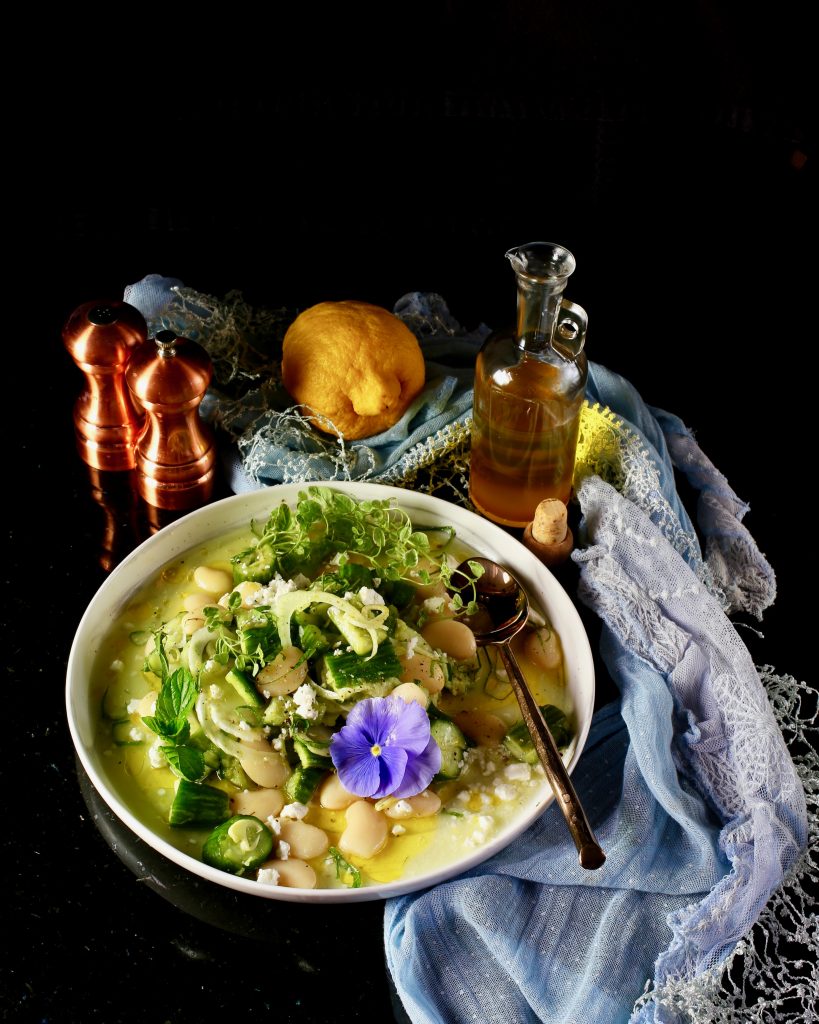 Smashed Cucumber Salad with Lima Beans, Fennel, Feta, Mint, Oregano, Lemon, Olive Oil