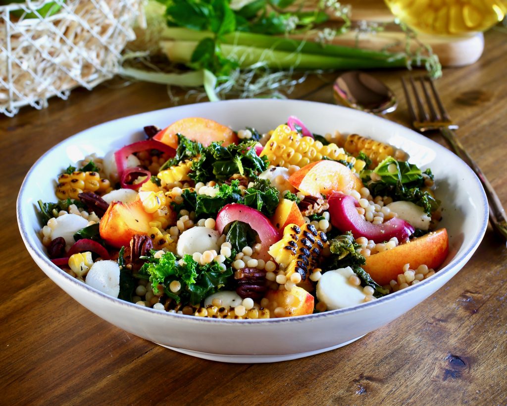 Summer Salad: Israeli Couscous, Wilted Kale, Grilled Corn, Nectarine, Pickled Red Onion, Mozzarella, Toasted Pecans