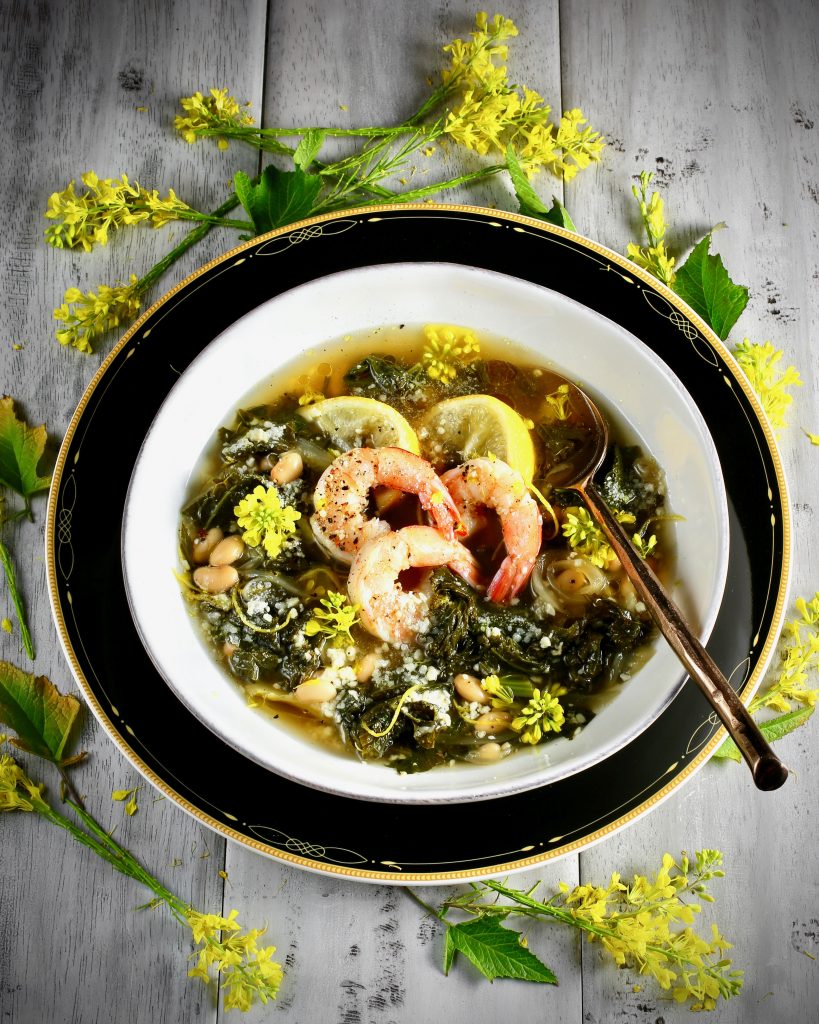 Mustard Greens Soup with Foraged Mustard Flowers