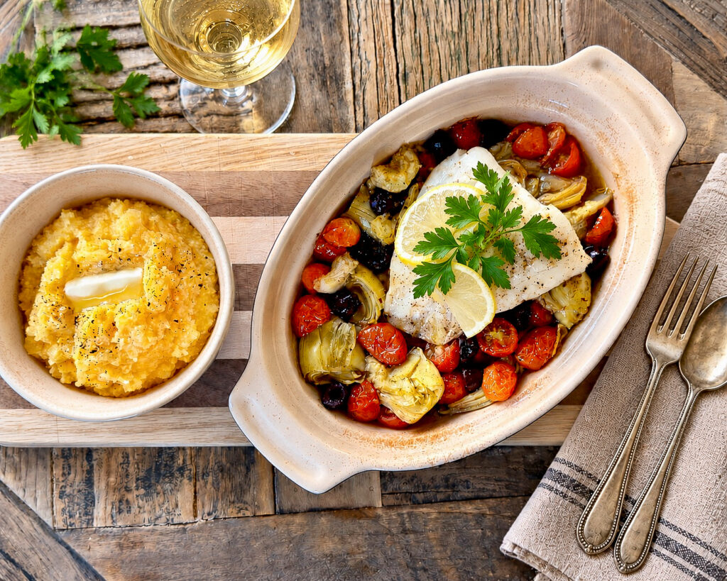 Baked Yelloweye Rockfish with Artichoke Hearts
