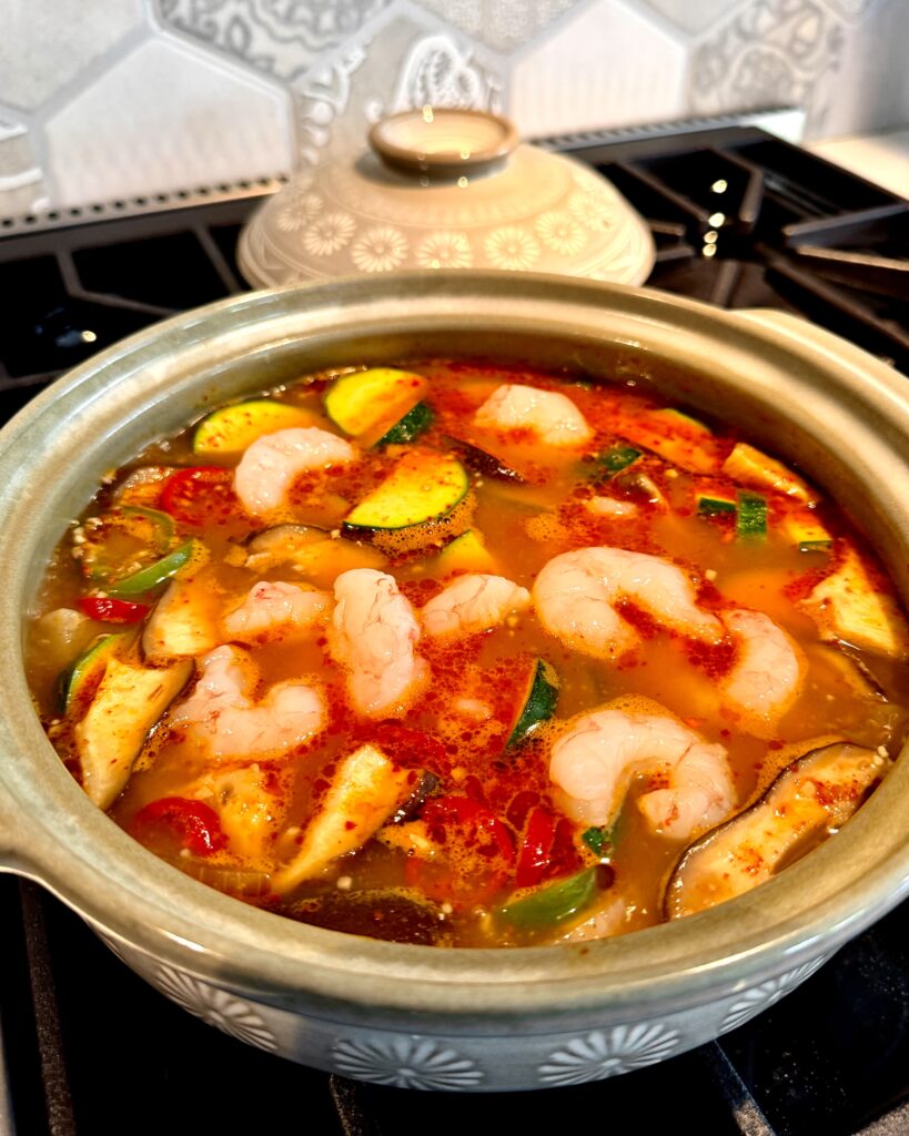 Seafood Doenjang Jjigae:
Korean Soybean Paste Stew with Mussels and Shrimp