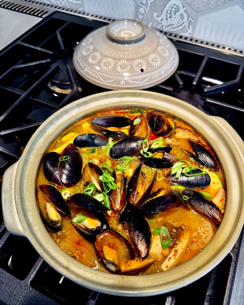 Seafood Doenjang Jjigae:
Korean Soybean Paste Stew with Mussels and Shrimp