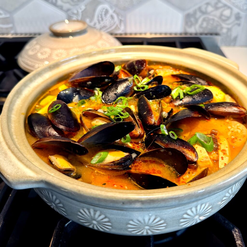Seafood Doenjang Jjigae:
Korean Soybean Paste Stew with Mussels and Shrimp