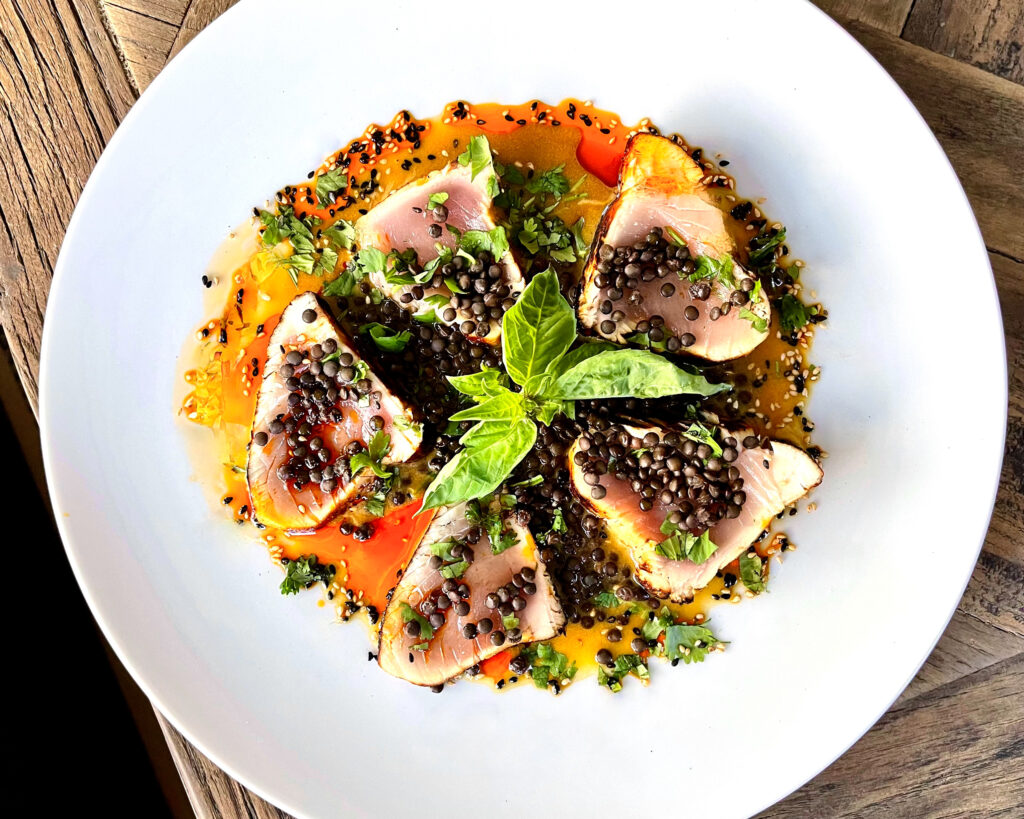 Albacore Tataki, Beluga Lentils, Lemon Soy Emulsion