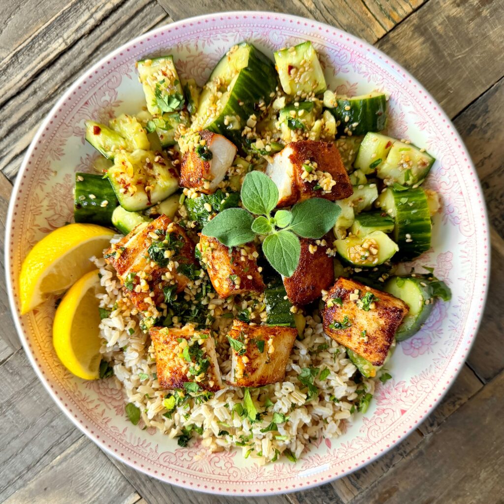 Smoky Mahi Mahi Rice Bowl, Garlic Butter, Smashed Cucumber
