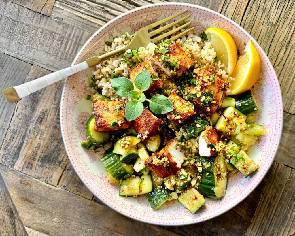 Smoky Mahi Mahi Rice Bowl, Garlic Butter, Smashed Cucumber