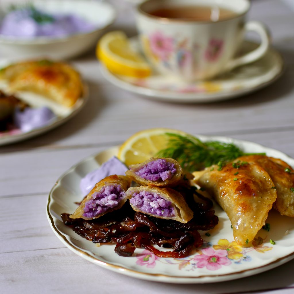 pierogi stuffed with farmer cheese and purple potato