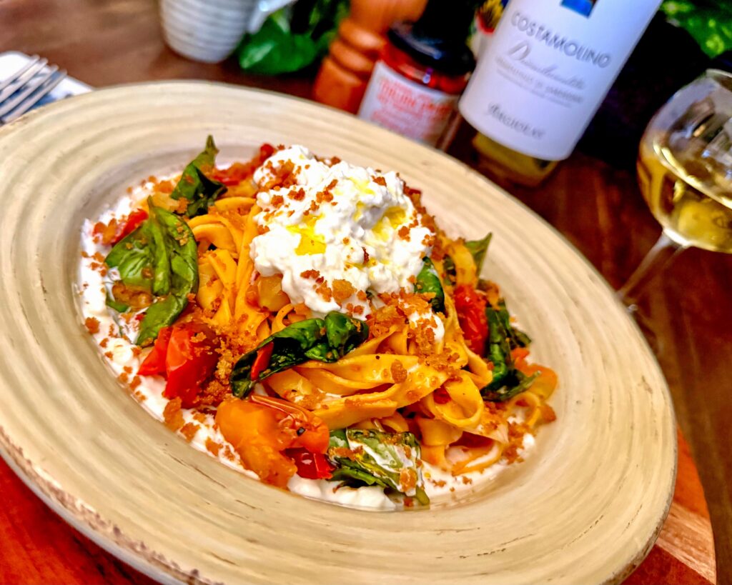 Fresh Fettuccine with Stracciatella, Blistered Tomatoes, and Basil