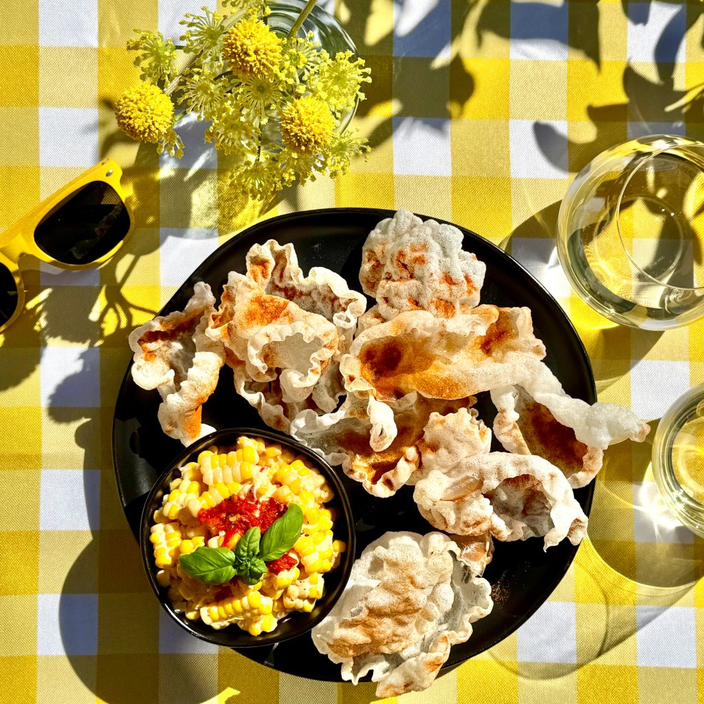 Summer Corn Dip, Smoky Rice Paper Puffs
