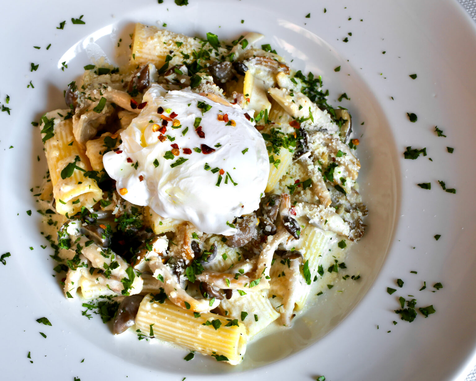 Rigatoni with Wild Mushrooms, Garlic Truffle Cream, Poached Egg - Taste ...