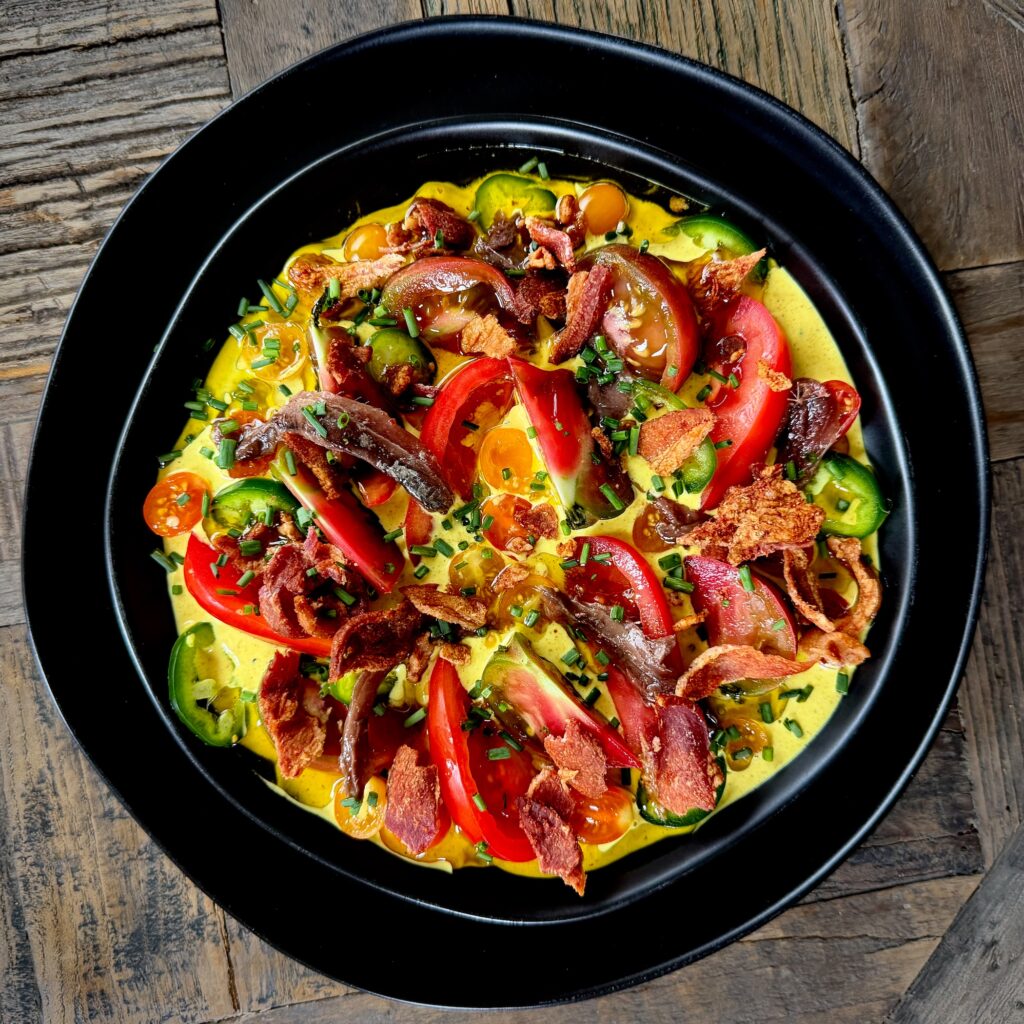 Heirloom Tomatoes with Curry Yogurt, Bacon & Anchovies