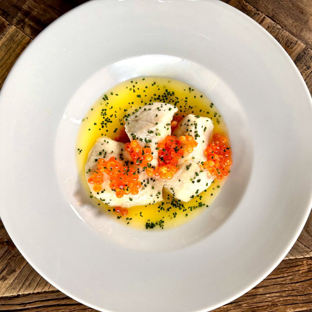 Poached Halibut Cheeks with Julia Child’s Beurre Blanc and Ikura