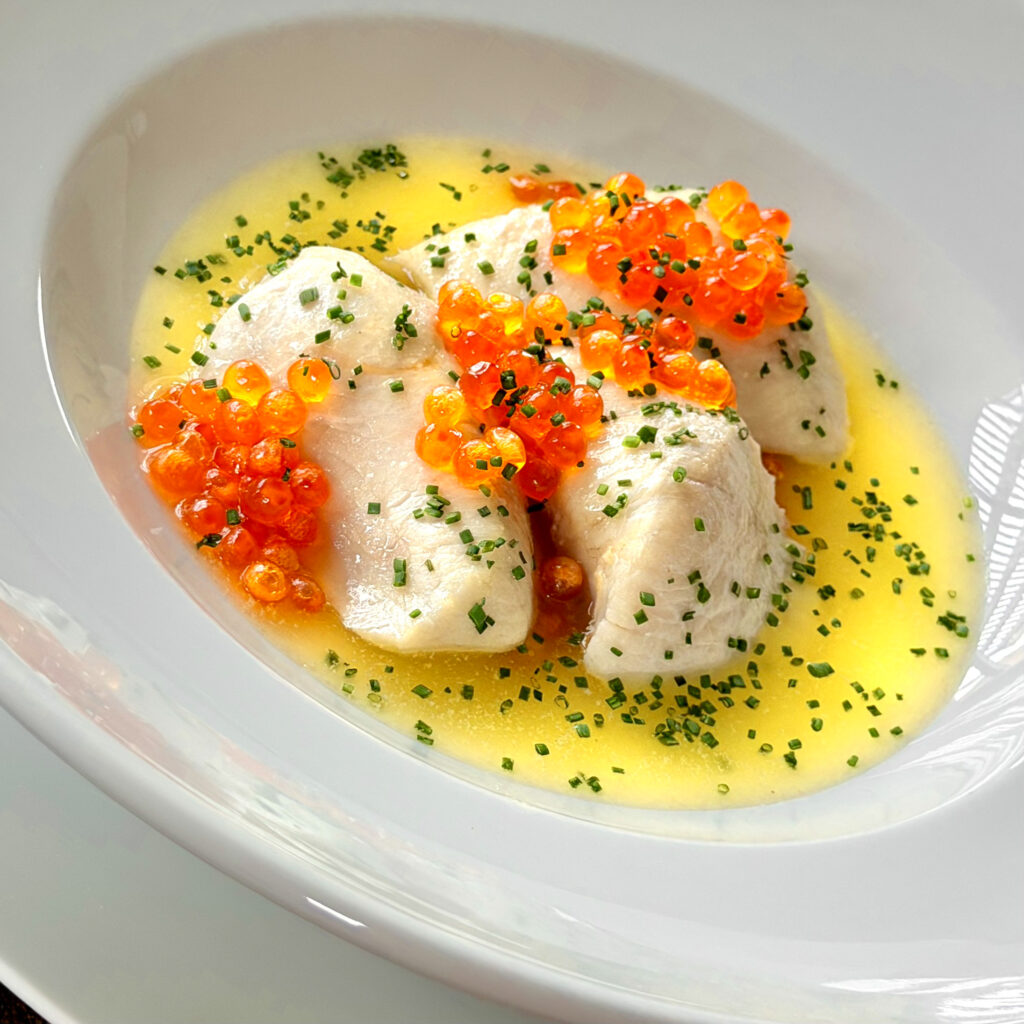 Poached Halibut Cheeks with Julia Child’s Beurre Blanc and Ikura