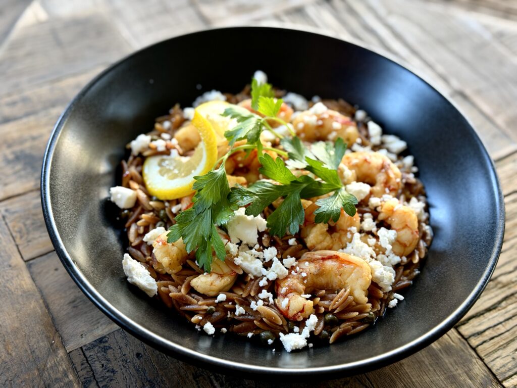Lemon-Garlic Shrimp with Toasted Orzo, Capers & Feta