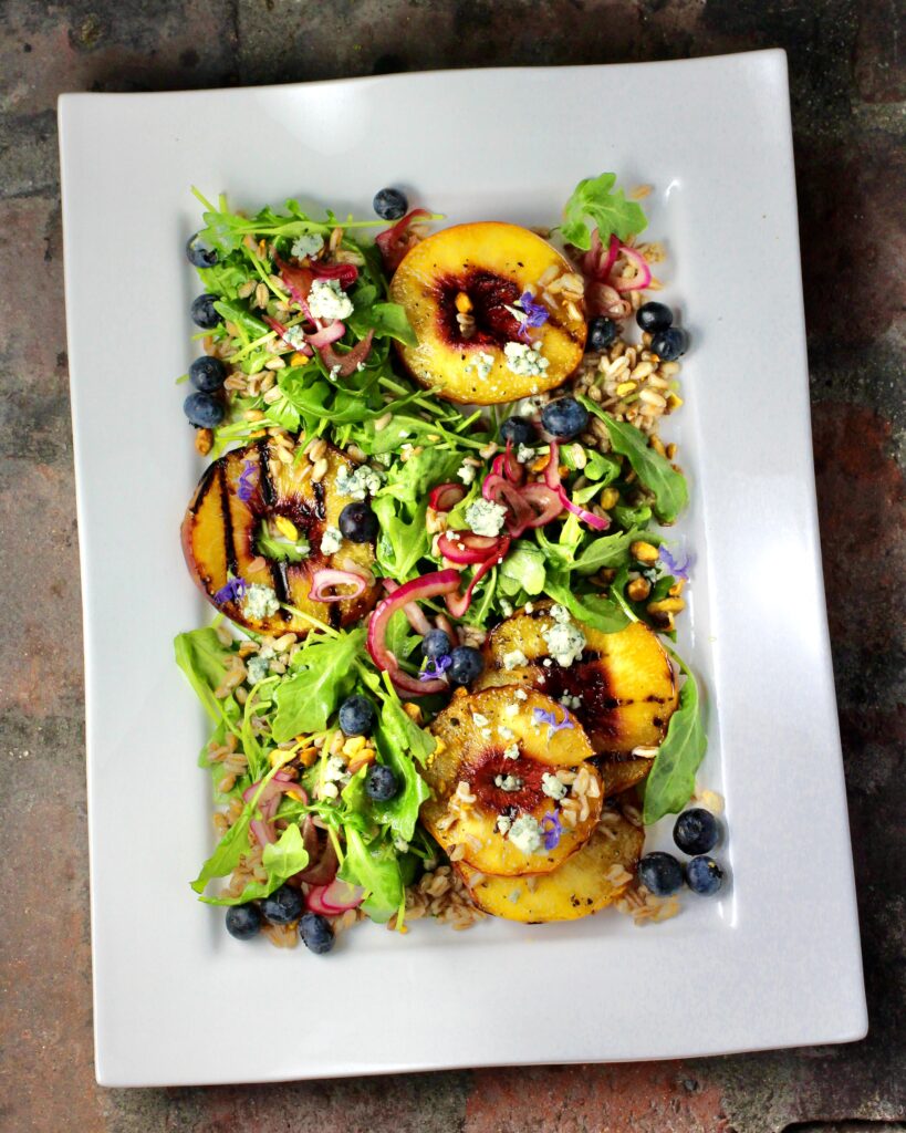 Grilled Peach Salad, Maple Bourbon Dressing