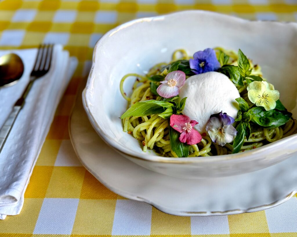 Spaghetti, Burrata, Arugula-Basil Pesto for Spring