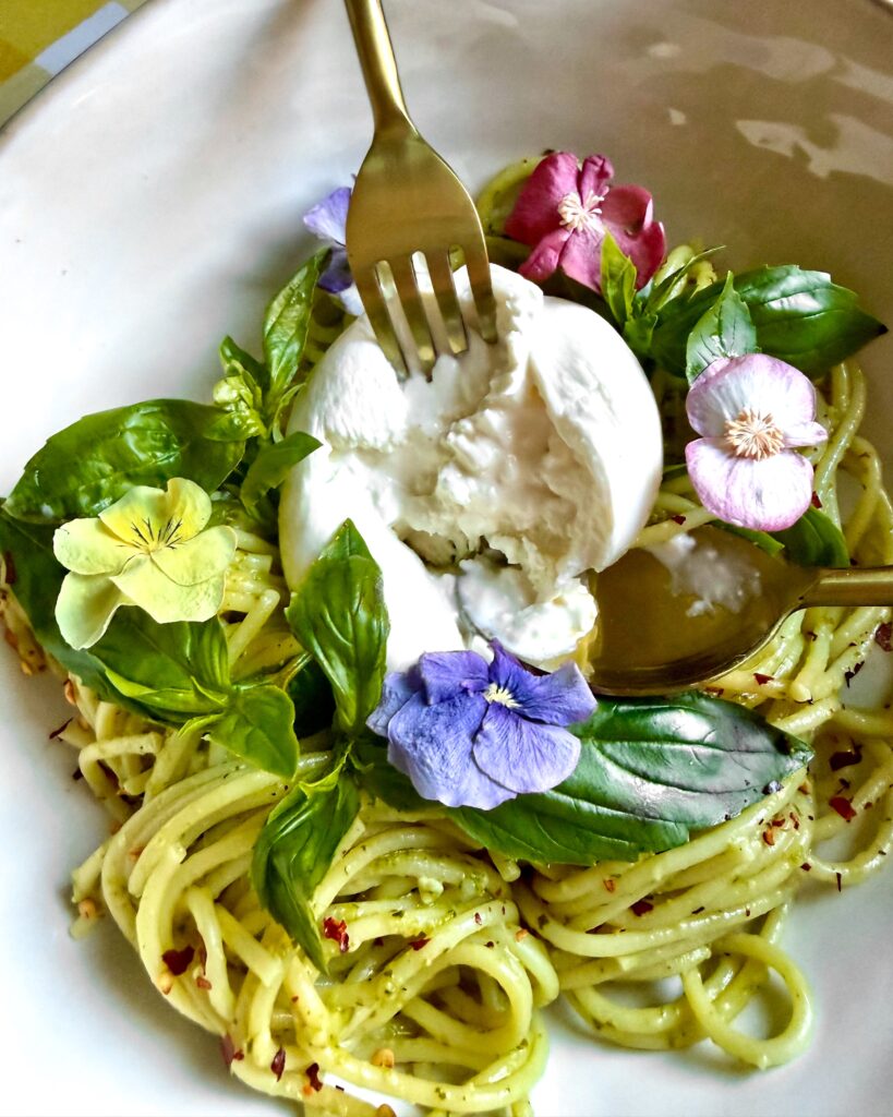 Spaghetti, Burrata, Arugula-Basil Pesto for Spring