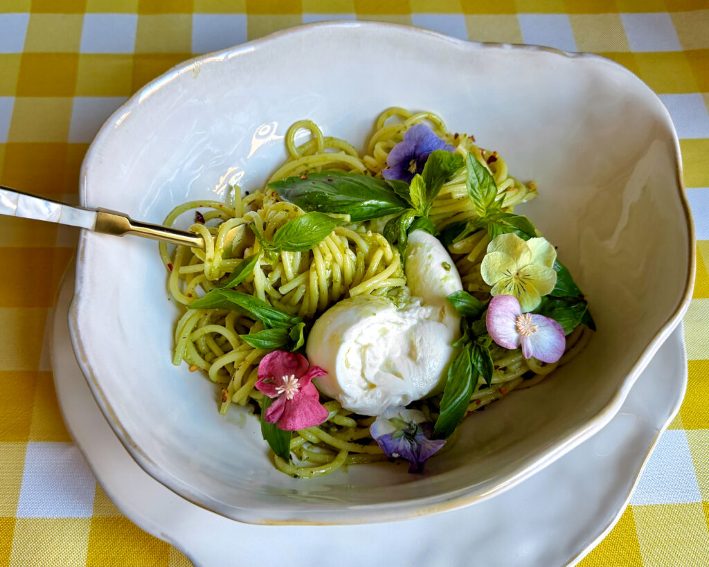 Spaghetti, Burrata, Arugula-Basil Pesto for Spring