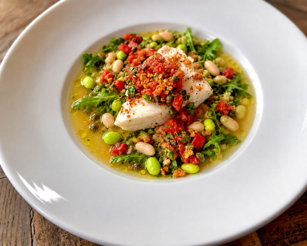 Sea Bass with Brothy Lemon-Leek Beans