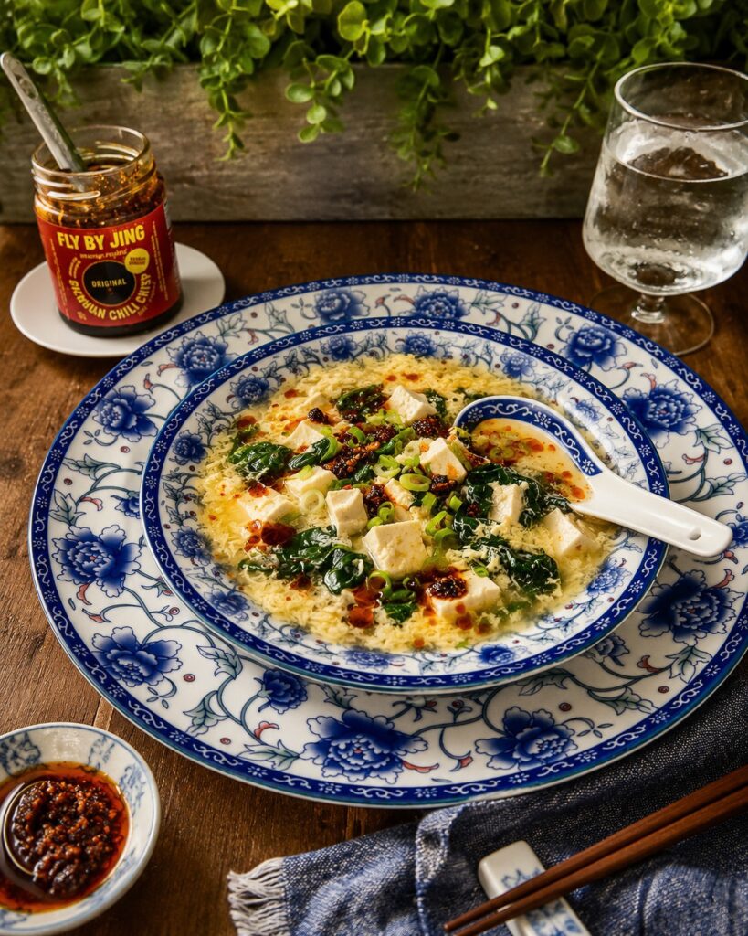 Egg Drop Soup with Spinach, Tofu & Chili Crisp