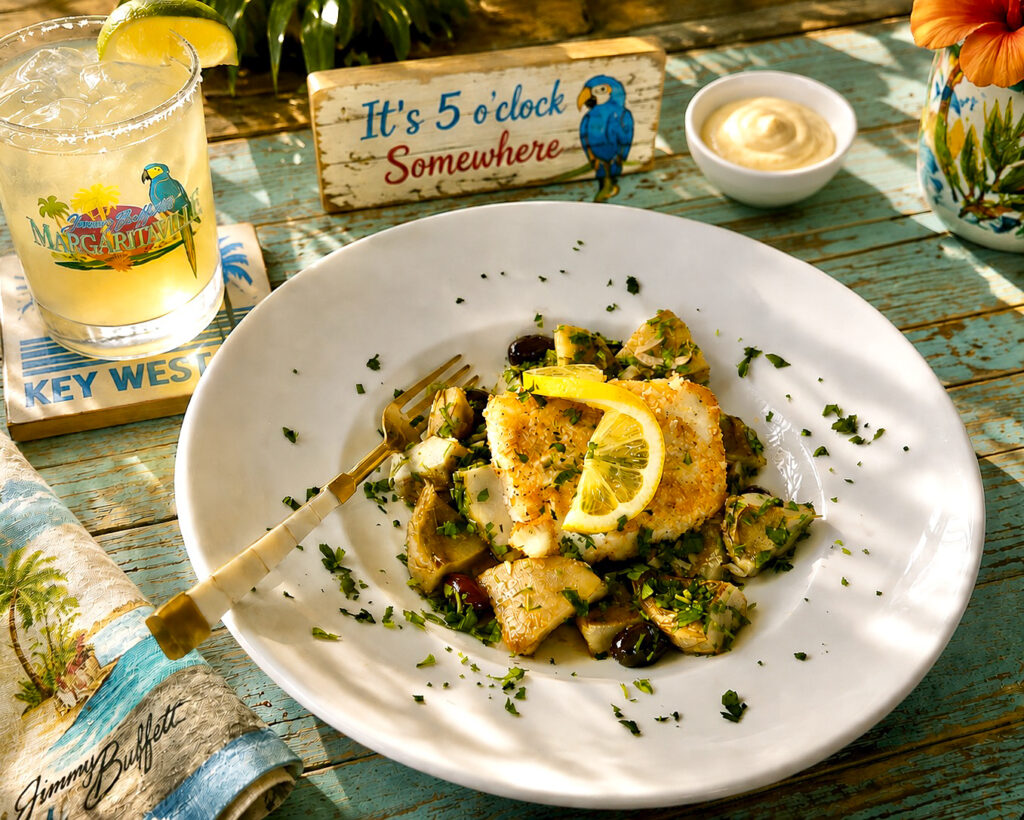 Margaritaville's Halibut with Artichoke Ragout