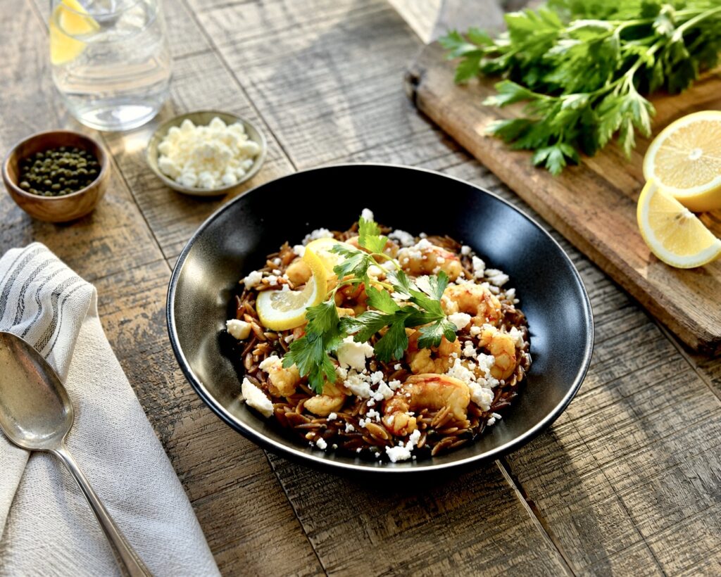 Lemon-Garlic Shrimp with Toasted Orzo, Capers & Feta