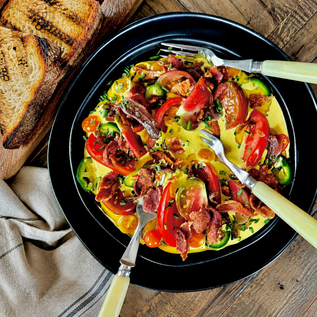 Heirloom Tomatoes with Curry Yogurt, Bacon & Anchovies