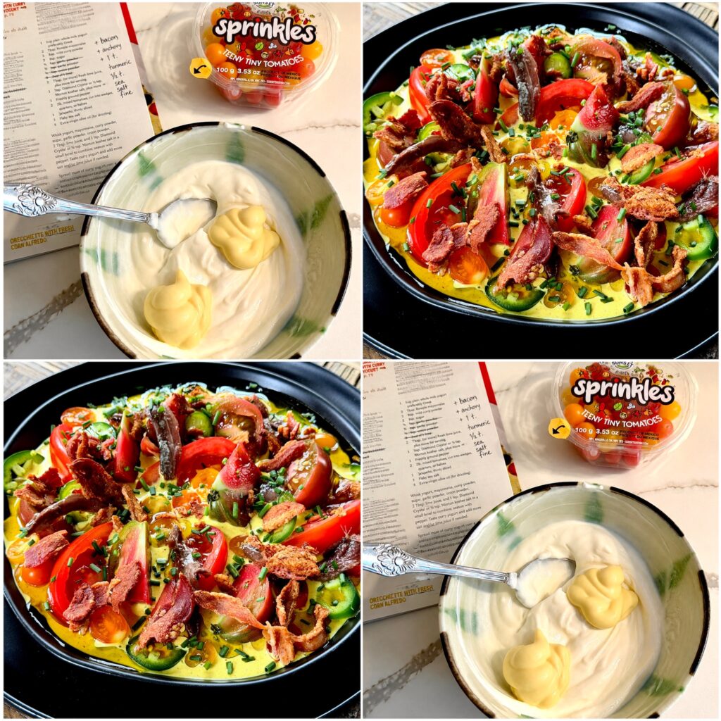 Heirloom Tomatoes with Curry Yogurt, Bacon & Anchovies
