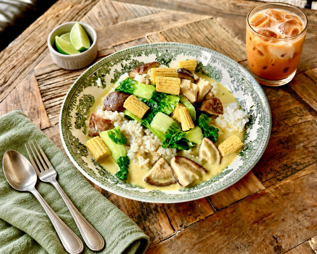 Thai Green Curry with Shiitakes, Baby Corn, and Bok Choy